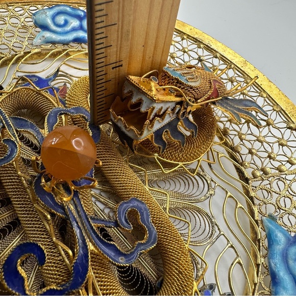 Golden Blue Dragon Wall Piece Chinese cloisonne copper filligre intricate design - Picture 14 of 15